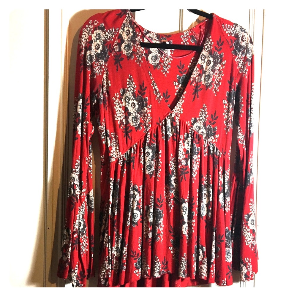 Free People Red & Navy Floral Long Sleeve Shirt